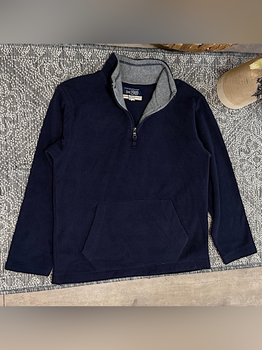 Y2K 1989 Place Boys Navy Quarter-Zip Fleece Pullover with Grey Lining Sz Large